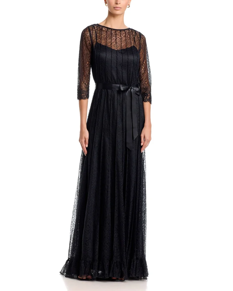 Lace Pintuck Ruffle Hem Gown