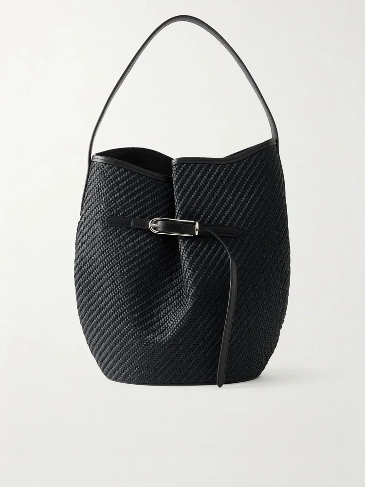 Belted Bucket leather-trimmed raffia bucket bag