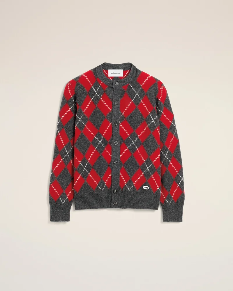 Cardigan gris motif argyle rouge en laine