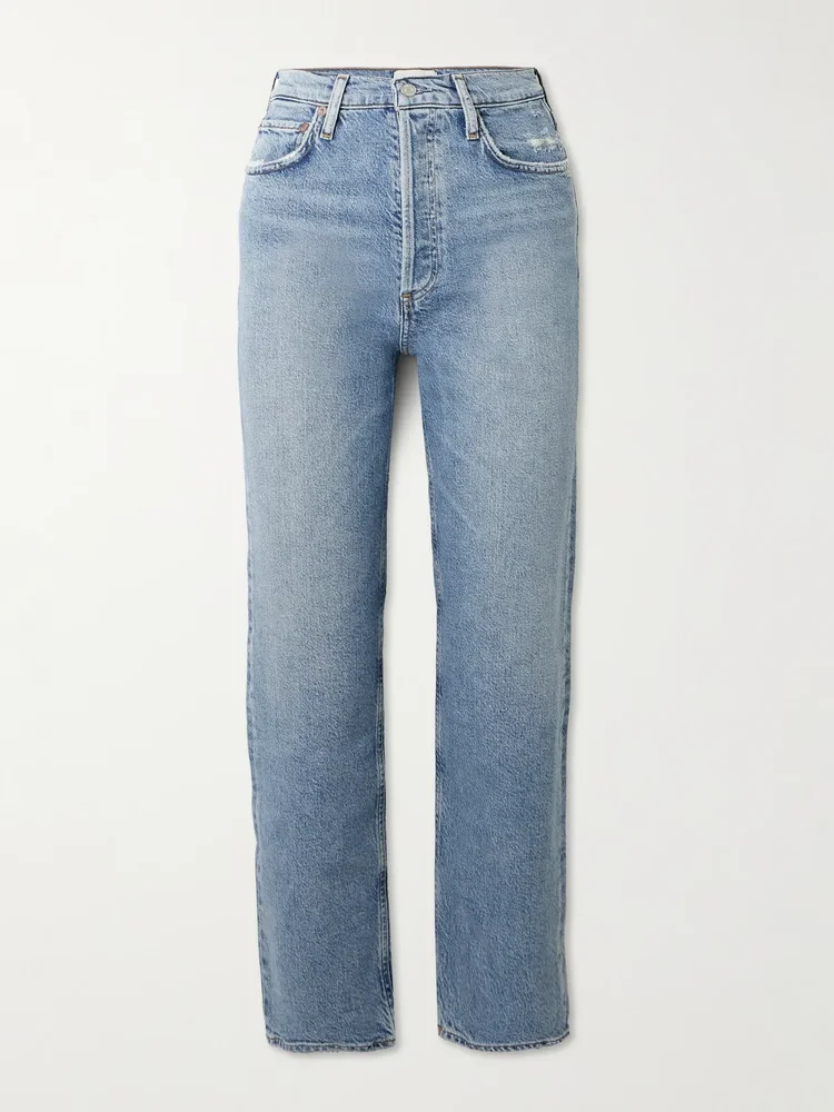 90's Pinch Waist Crop distressed mid-rise straight-leg jeans