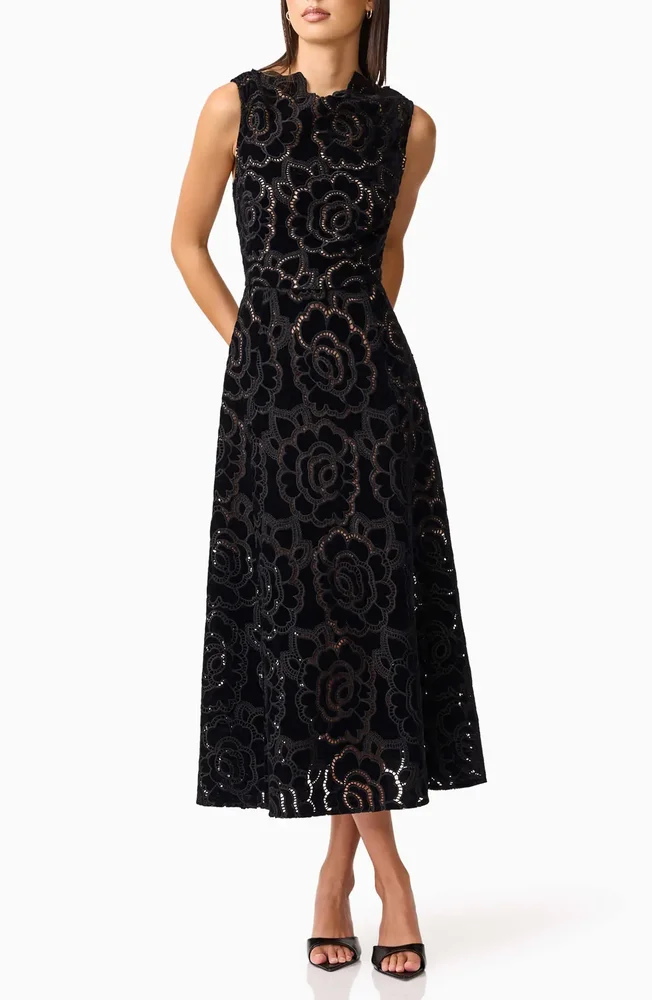 Eris Sleeveless Velvet Lace Midi Dress