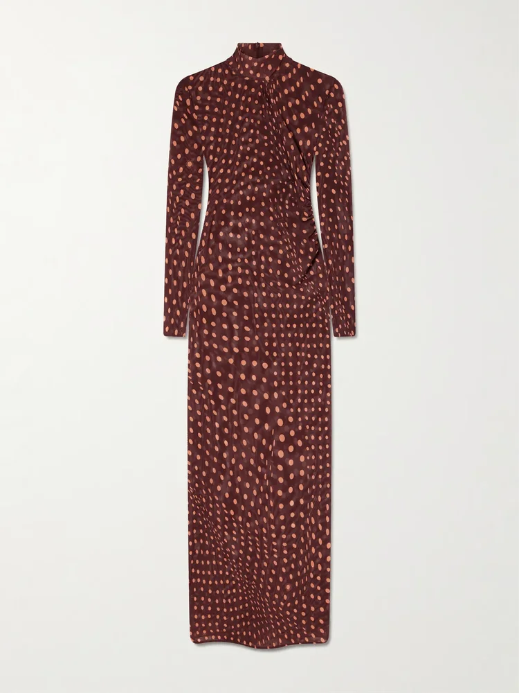 Ruched polka-dot mesh midi dress