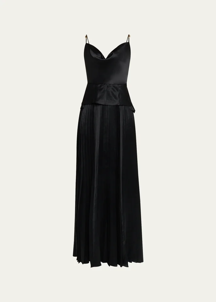Cowl-Neck Pleated Satin Peplum Gown