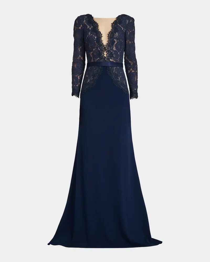 Plunging Illusion Lace & Crepe Gown