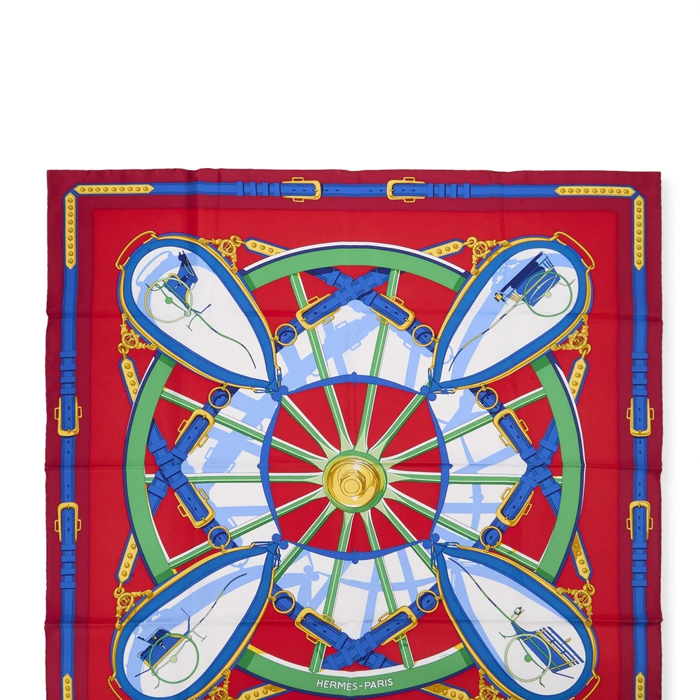 Red & Multicolor 'Chemise en Roue Libre' Silk Scarf 90