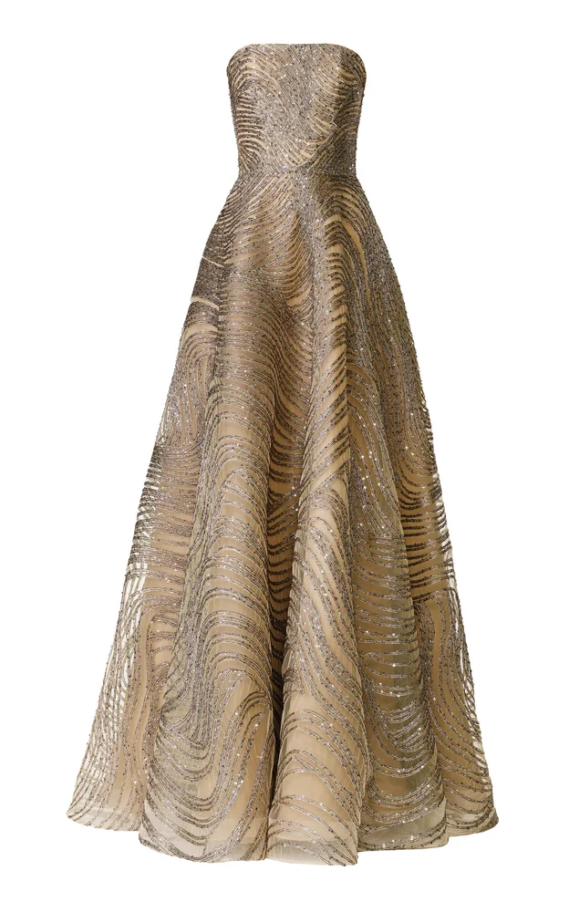 Strapless Bustier Sequin Metallic Cording Gown