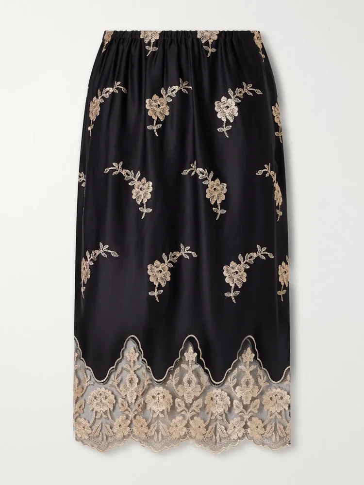 Lucinda floral-embroidered lace-trimmed satin midi skirt