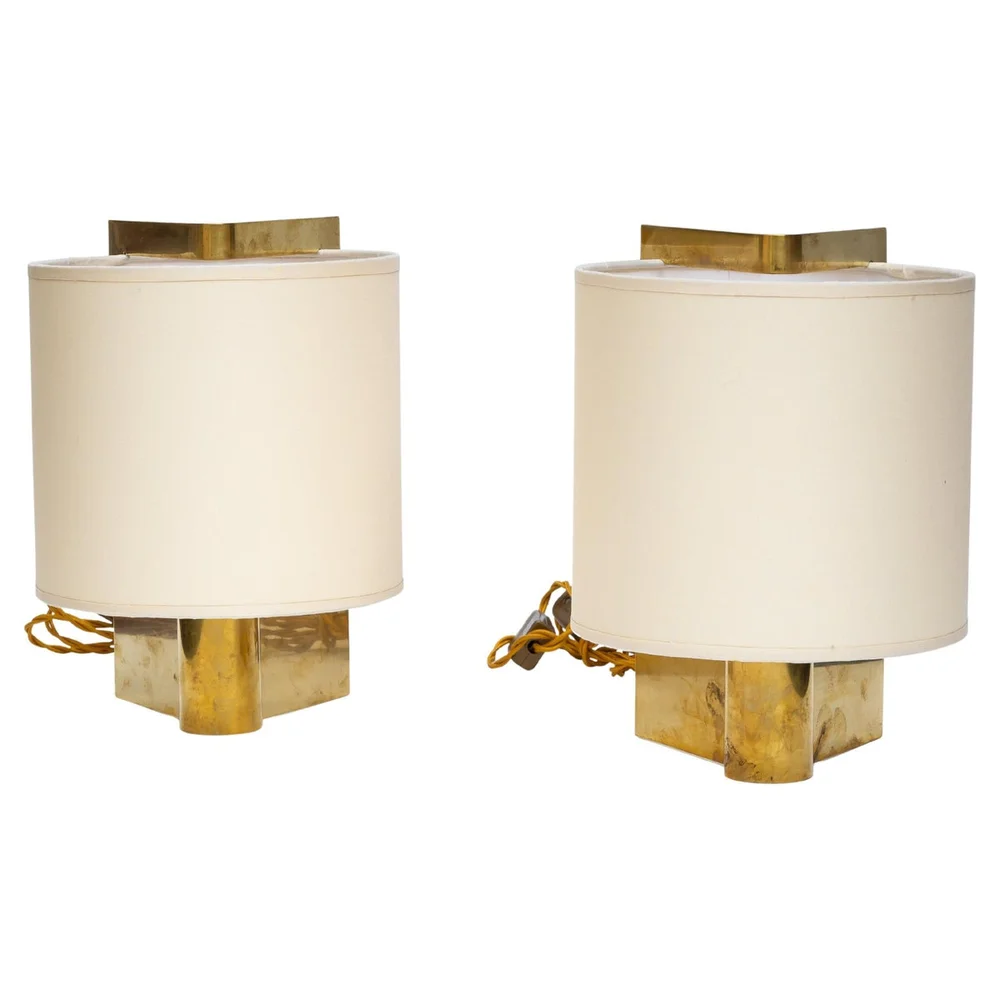 1970s table lamps Cream fabric shade on brass metal by Giuliana Gramigna