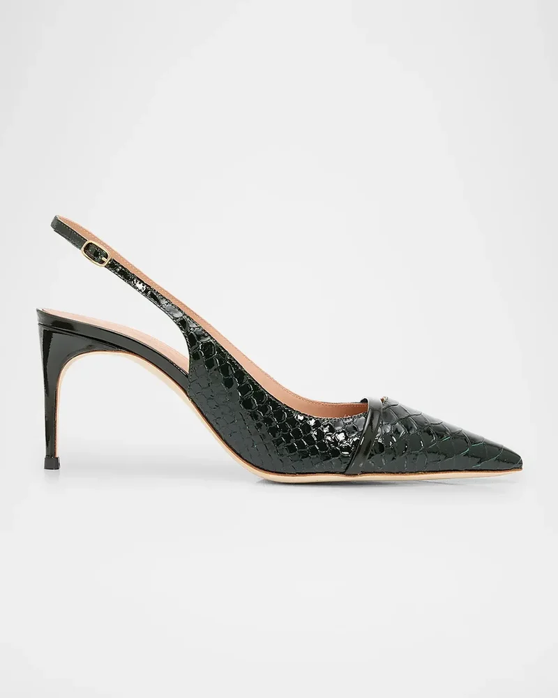 70mm Schiffer Croc-Embossed Patent Leather Slingback Pumps