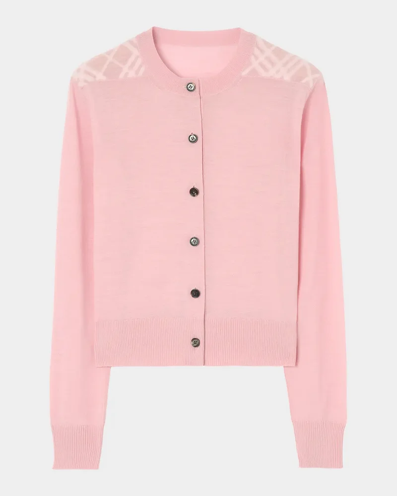 Wendy Check-Shoulder Wool Crewneck Cardigan