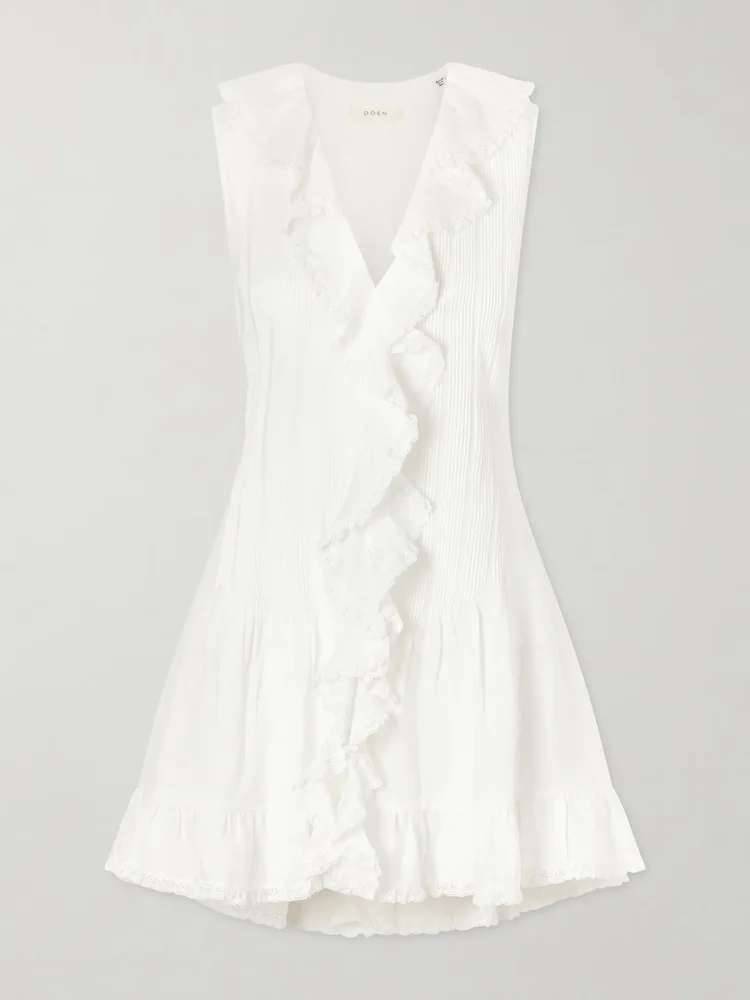 Henrietta ruffled embroidered ramie mini dress