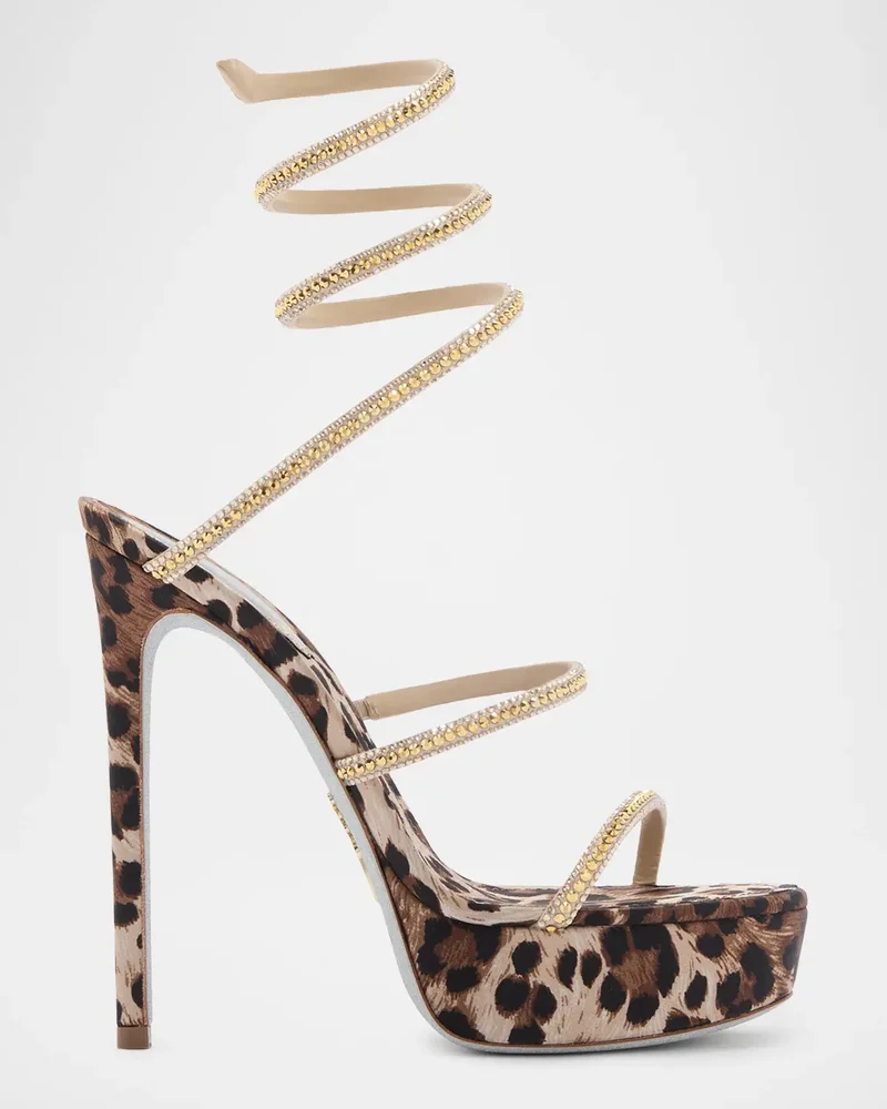 130mm Leopard Satin Platform Ankle-Wrap Sandals