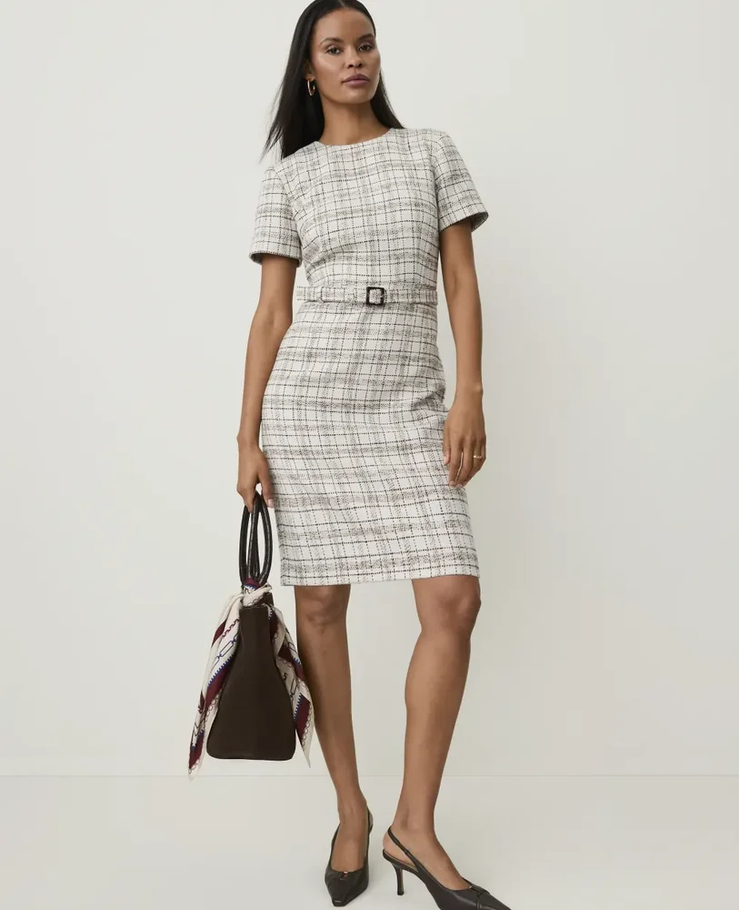 Belted Sheath Dress in Tweed