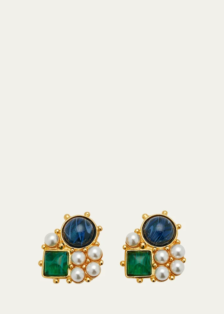 Gold Stone and Pearly Cluster Earrings