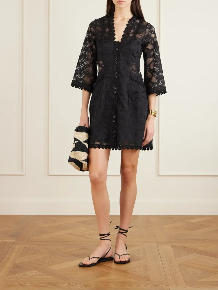 Valesca paneled silk-trimmed cotton-blend lace mini dress