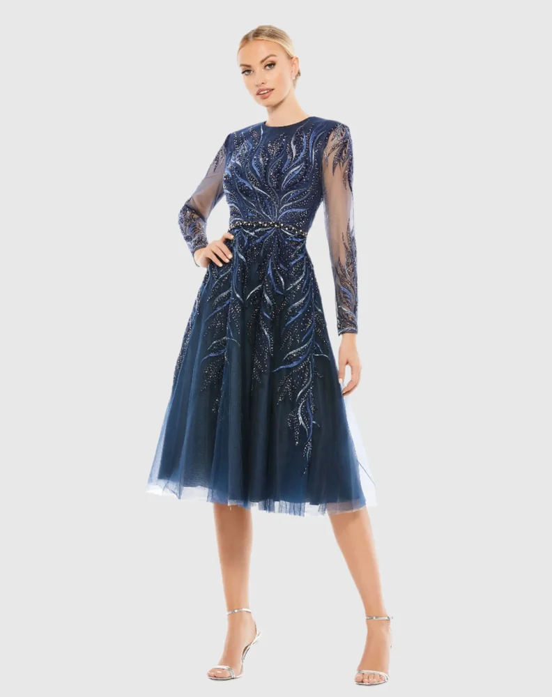Navy Embellished Tea-Length Illusion Cocktail Dress