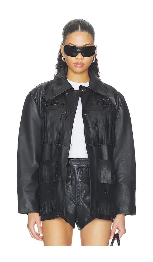 Hand Embroidered Leather Fringe Jacket