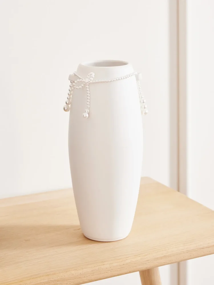Pearl-effect bead-embellished ceramic medium vase