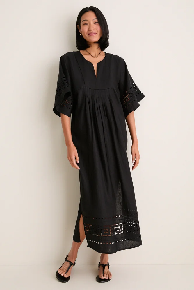 Tuckernuck Black Greek Key Embroidered Linen Adrianne Dress