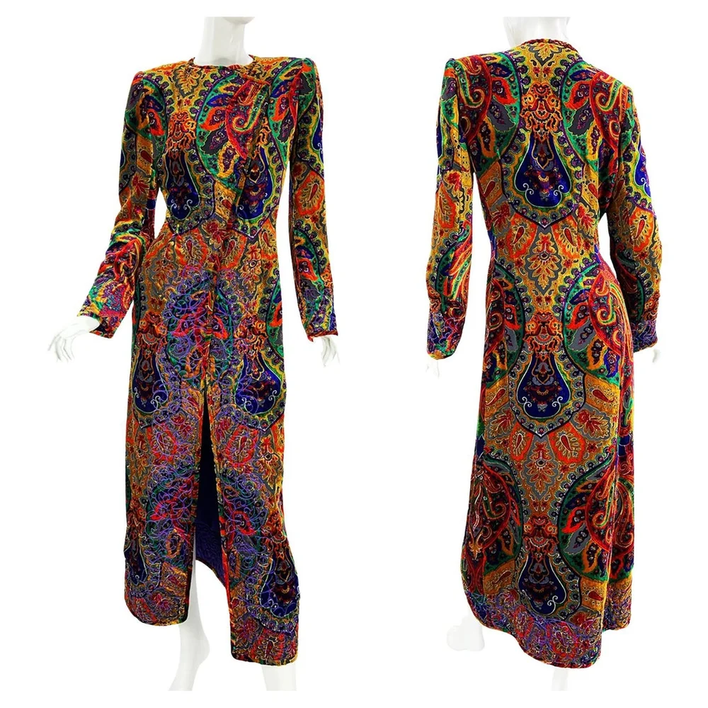 Vintage 90's Oscar de la Renta Devoré Velvet Embroidered Print Long Coat US 6
