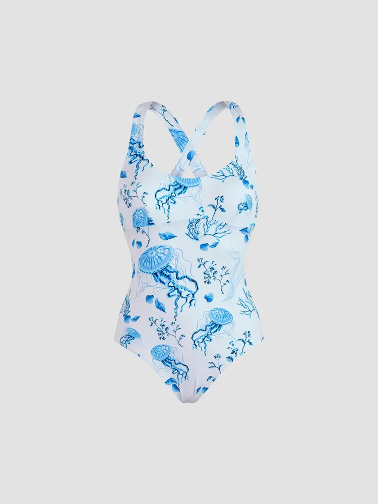 Seashell Print Crossed Back One-Piece Swimsuit