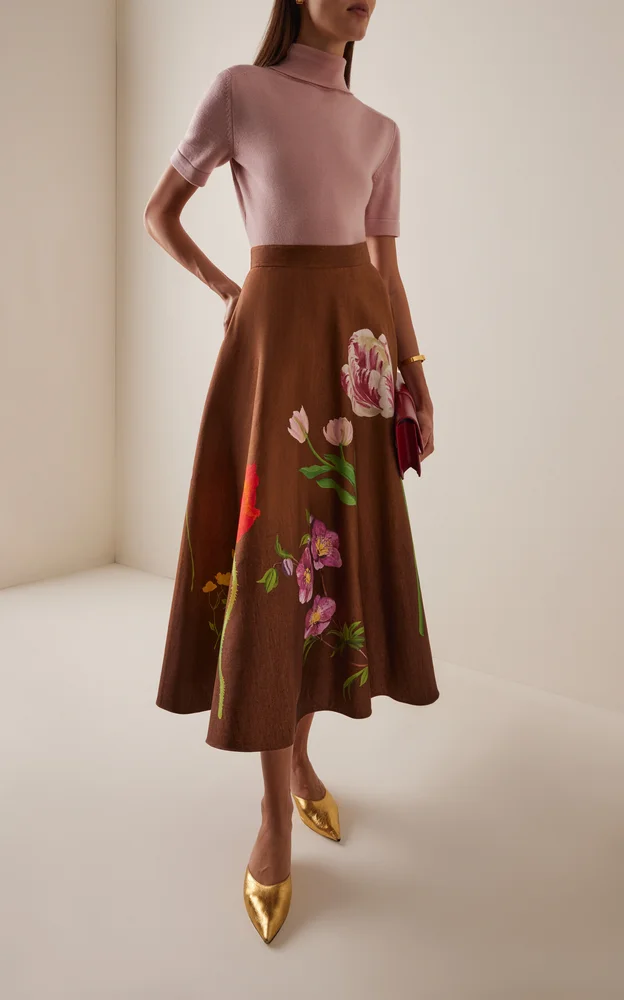 Botanical Stretch-Cotton Midi Circle Skirt