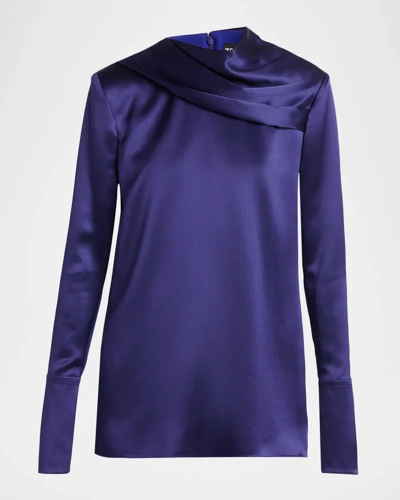 Silk Gathered-Collar Long-Sleeve Top