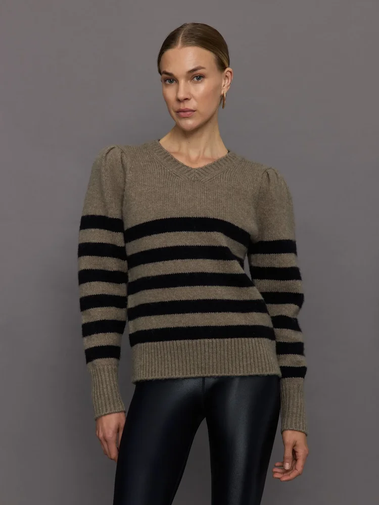 Carbon38 Striped Puff Sleeve Sweater - Stone/ Black