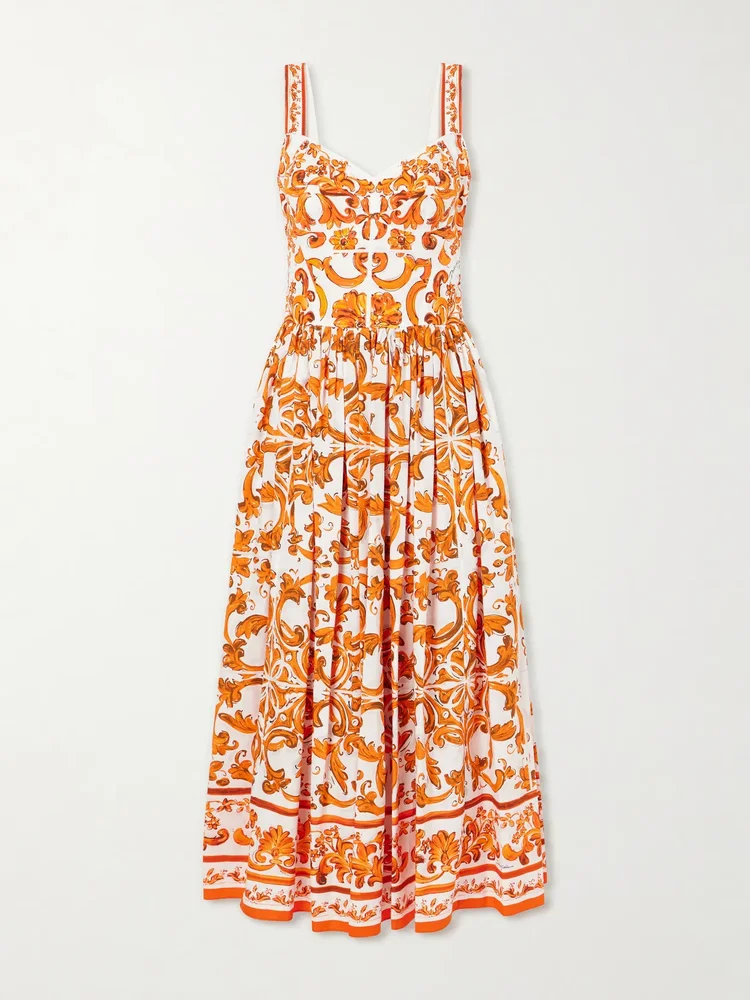pleated printed cotton poplin midi dress