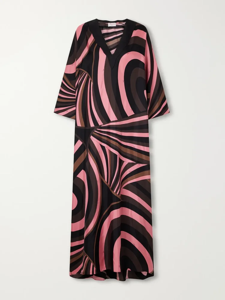 Scalloped printed silk-twill kaftan