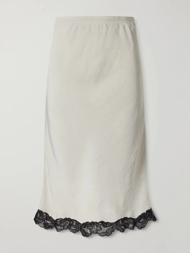 lace trimmed satin midi skirt