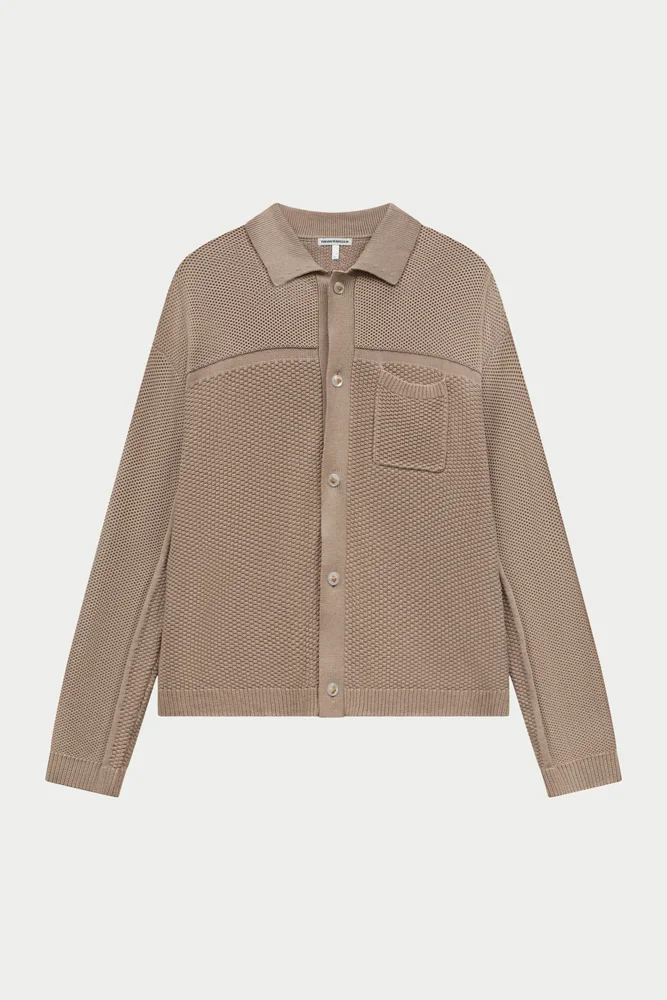 CONTRAST KNIT CROCHET LONG SLEEVE SHIRT - BROWN
