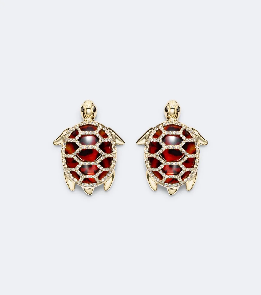 Tortue 9kt gold earrings with diamonds and resin