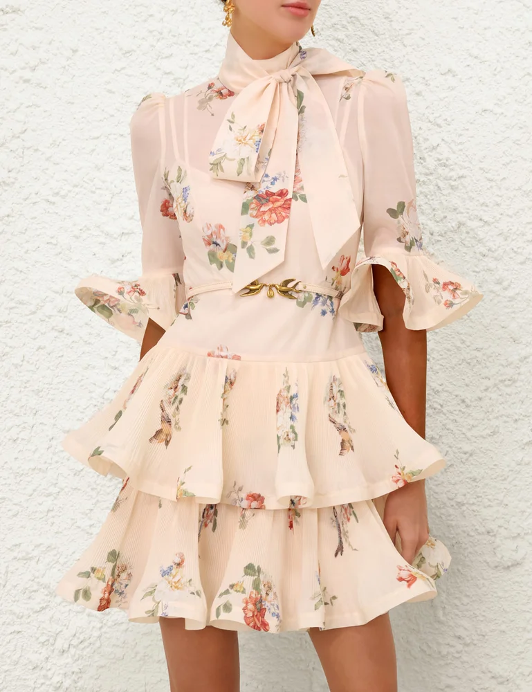 Pleated Sleeved Mini Dress