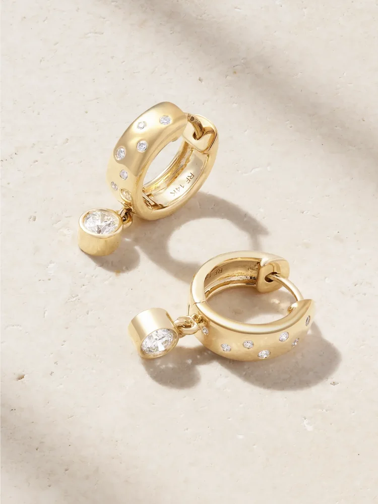 Polka-Dot Drop 14-Karat Gold Diamond Hoop Earrings
