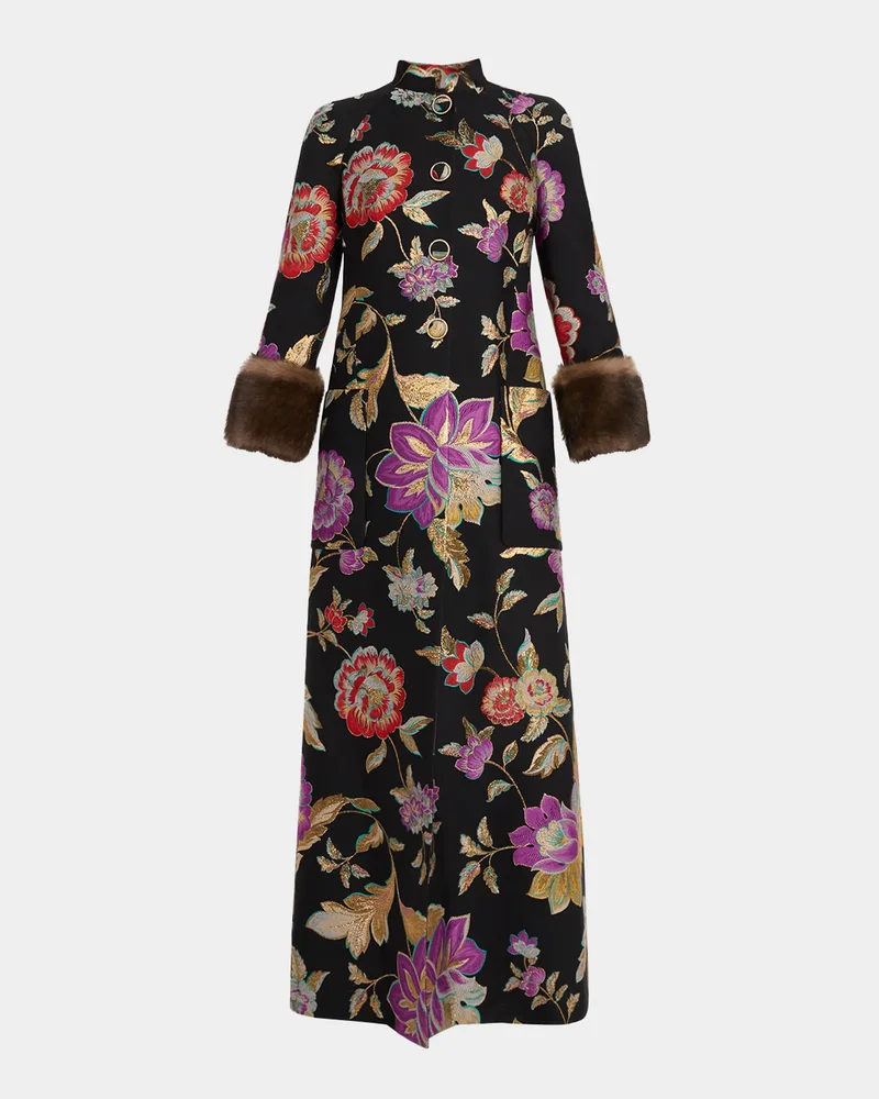 Sheep Shearling-Cuffs Metallic Floral Jacquard Long Coat