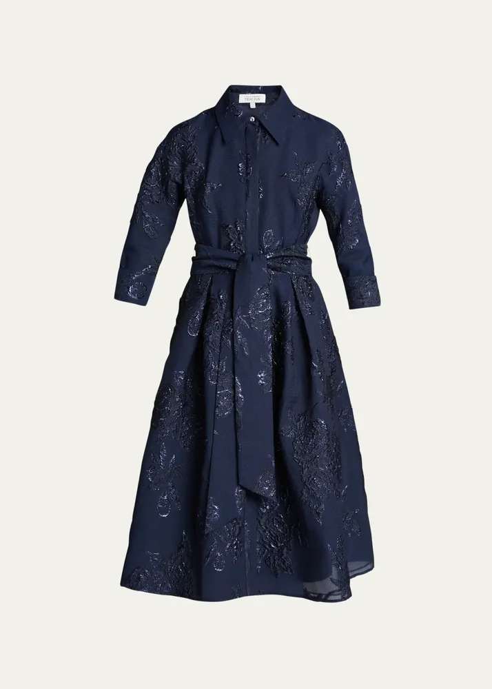 Metallic Jacquard Belted Shirtdress