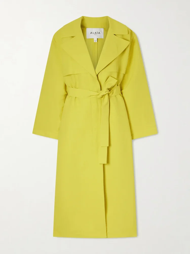 Belted paper-blend trench coat