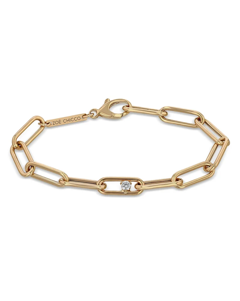 14K Yellow Gold Prong Diamonds Diamond Paperclip Link Bracelet
