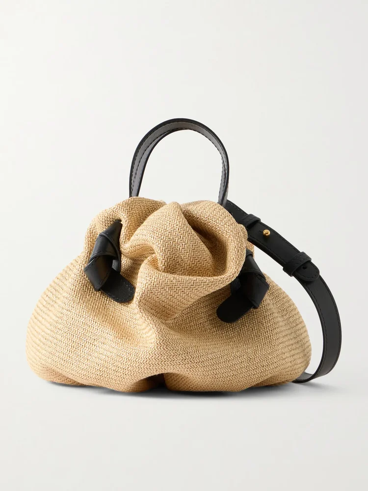 Leather-trimmed raffia shoulder bag
