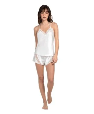 Women's Lace-Trim Satin V-Neck Camisole and Shorts, 2-Piece Set