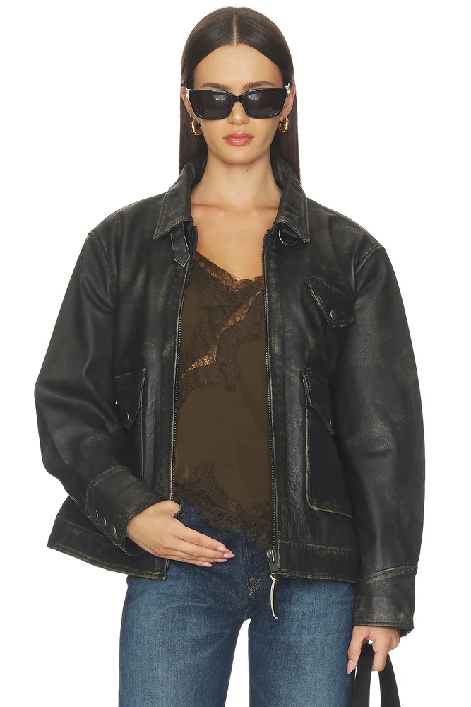Distressed Leather Pocket Jacket
