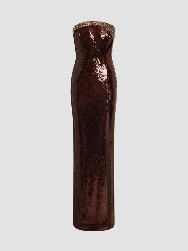 Glimmer Embellished Sequin Strapless Column Gown