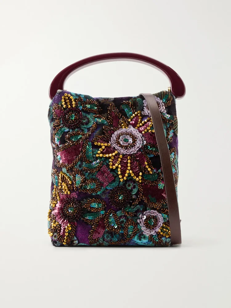 Bead-embellished printed leather-trimmed velvet tote