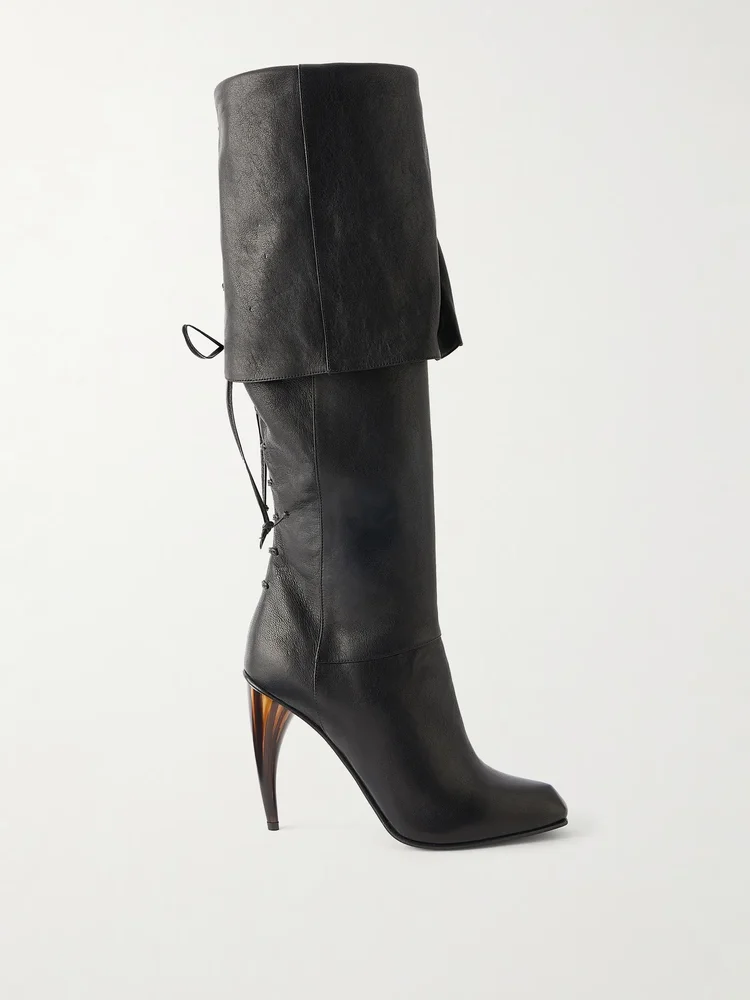 Leather lace-up knee boots