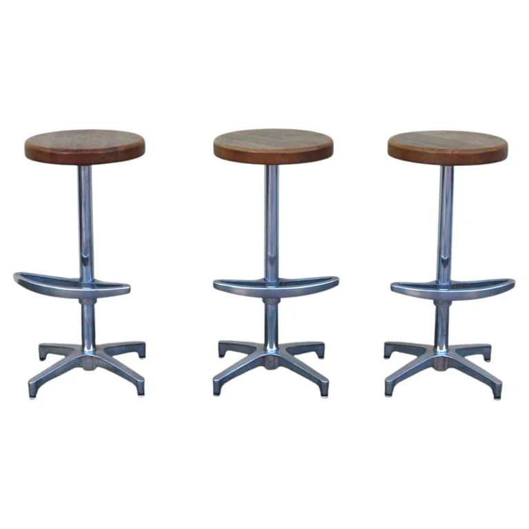 Set of 3 Mid-Century Modern Butcher Block & Chrome Swivel Bar Stools, 1970s