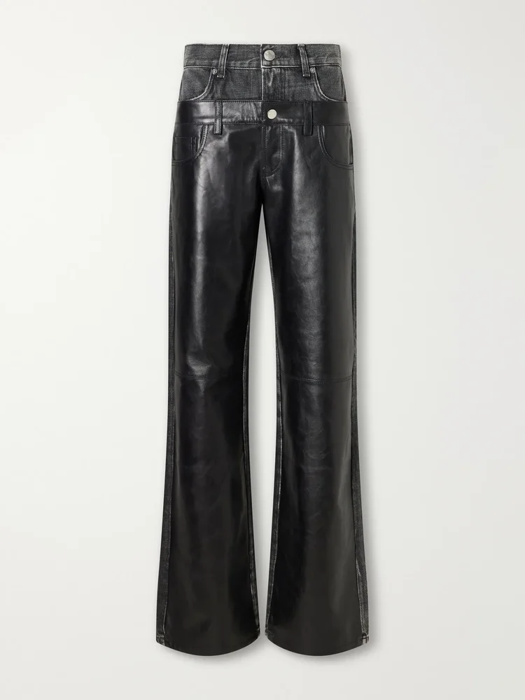 Bonnie Double WB Hedwig Black denim-trimmed leather mid-rise wide-leg jeans