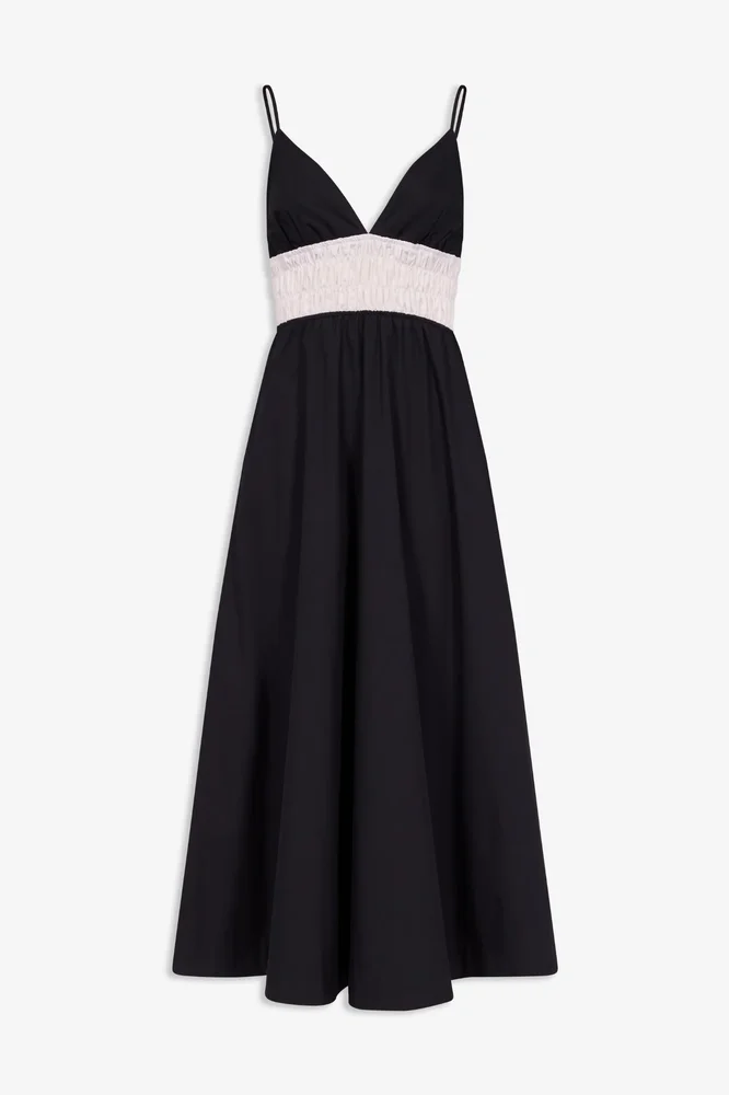 Black cotton poplin summer dress with gathered waist detail