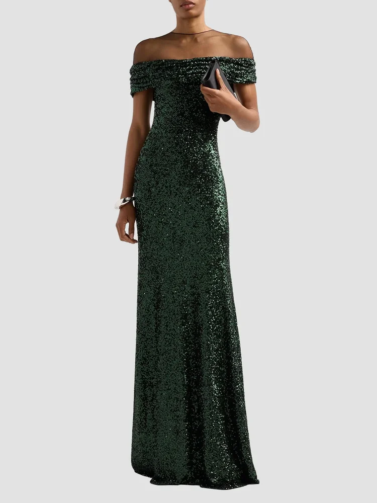 Off-The-Shoulder Illusion Stretch Sequin Gown