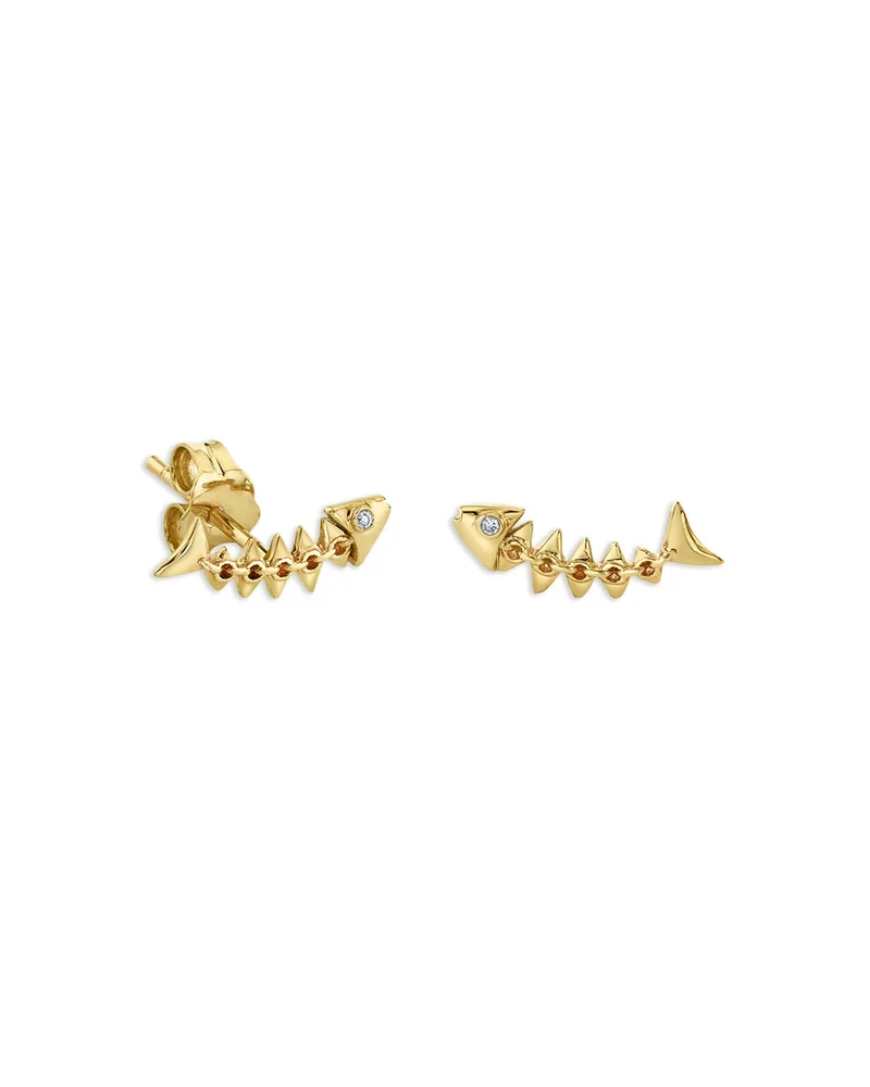 14K Yellow Gold Diamond Accent Fishbone Stud Earrings